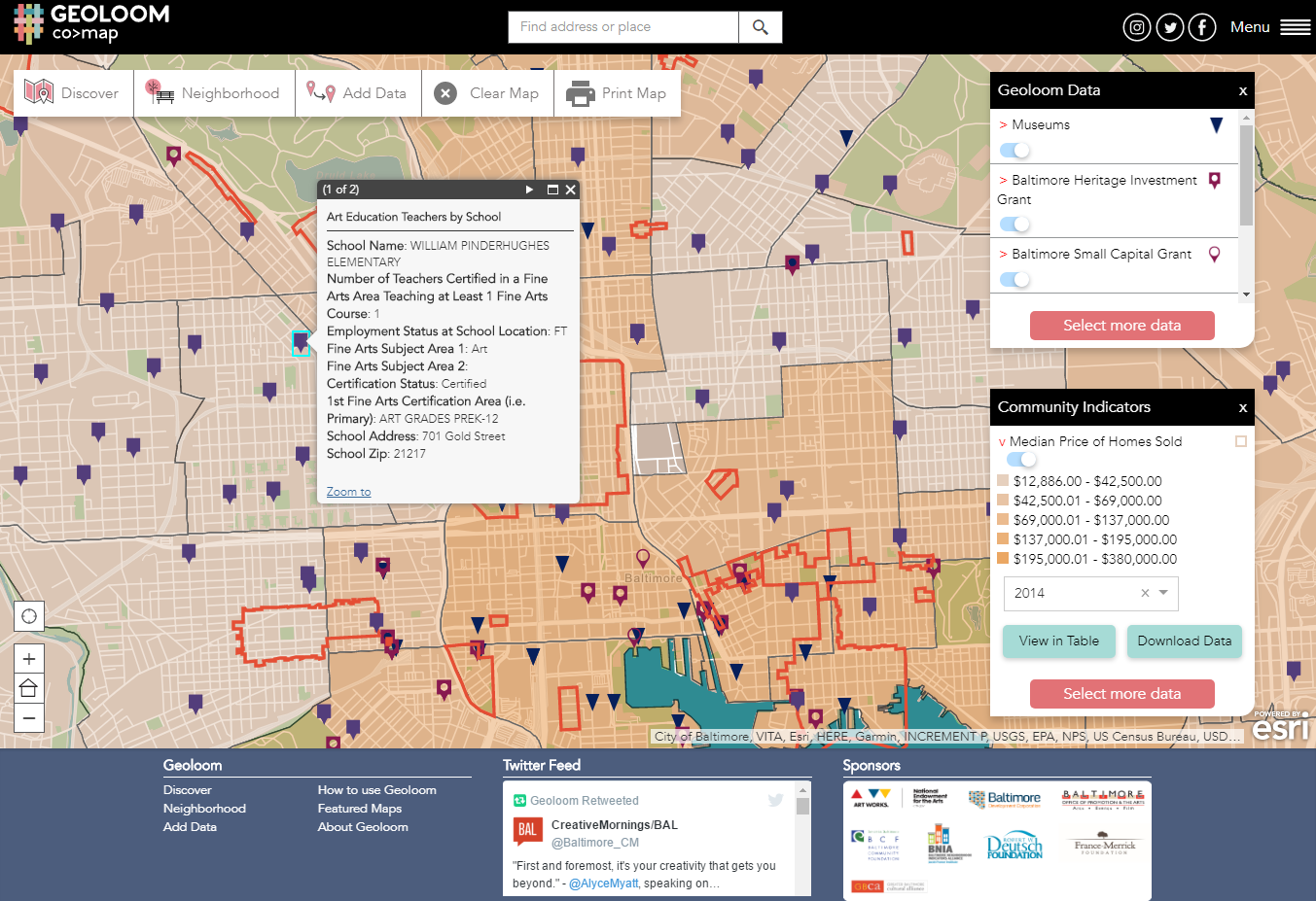 Screenshot of GEOLOOM Median Price of Homes Sold and Locations of various grants