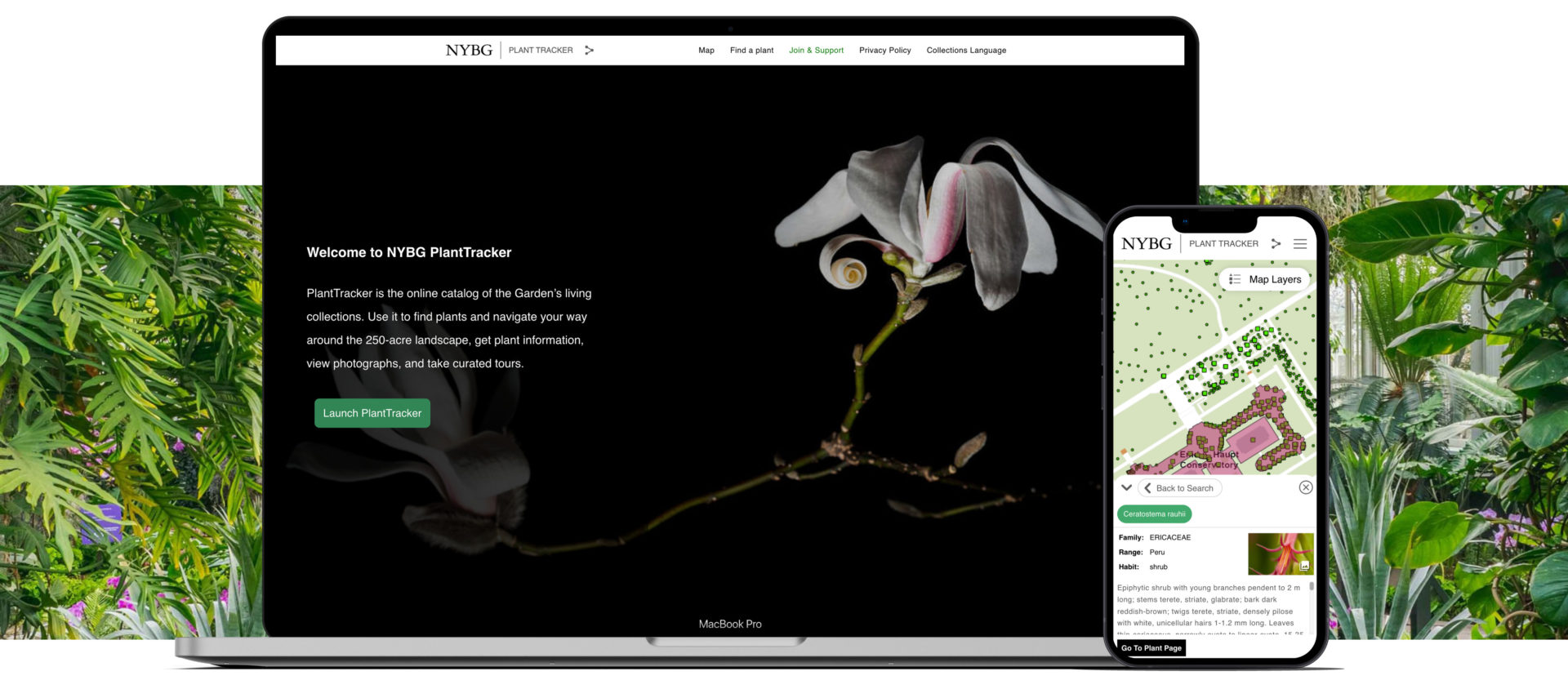 New York Botanical Gardens Plant Tracker App displayed in a laptop and iPhone.