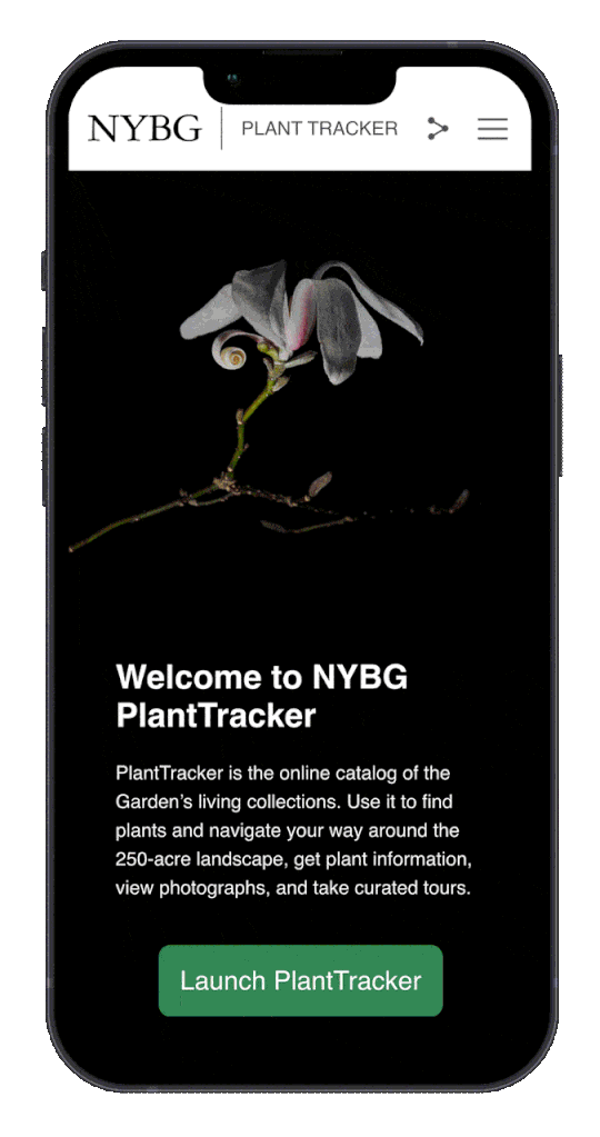 NYBG Plant Tracker App displayed on an iPhone