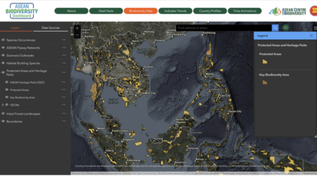 Users can explore species occurrence, as well as their assigned IUCN Red List status, across the ASEAN region. In this example, species occurrence of reptiles is shown. Additionally, users can view other data such as protected areas. In this example, Protected Areas and Key Biodiversity Areas are visualized on the map-notice the widespread distribution of these areas across the region!